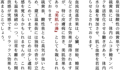 泉質は強酸性の硫黄泉です。硫黄泉には、体内のムコ多糖タンパクを活性化させる働きがあり、体内水分量を増加させ、肌と血管を若返らせるとされております。血流促進効果は、心臓、便秘、糖尿などさまざまな効果が期待されますが、特に皮膚病に効き、美肌効果もあり『美肌の湯』としても親しまれております。硫黄泉、酸性泉ともに臭気が強いため、蔵王温泉街には独特の香りが立ちこめています。はじめは少し違和感を覚えるかもしれませんが、これも温泉情緒の一つ、日常を離れた開放感が実感でき、リラックス効果も高まることでしょう。